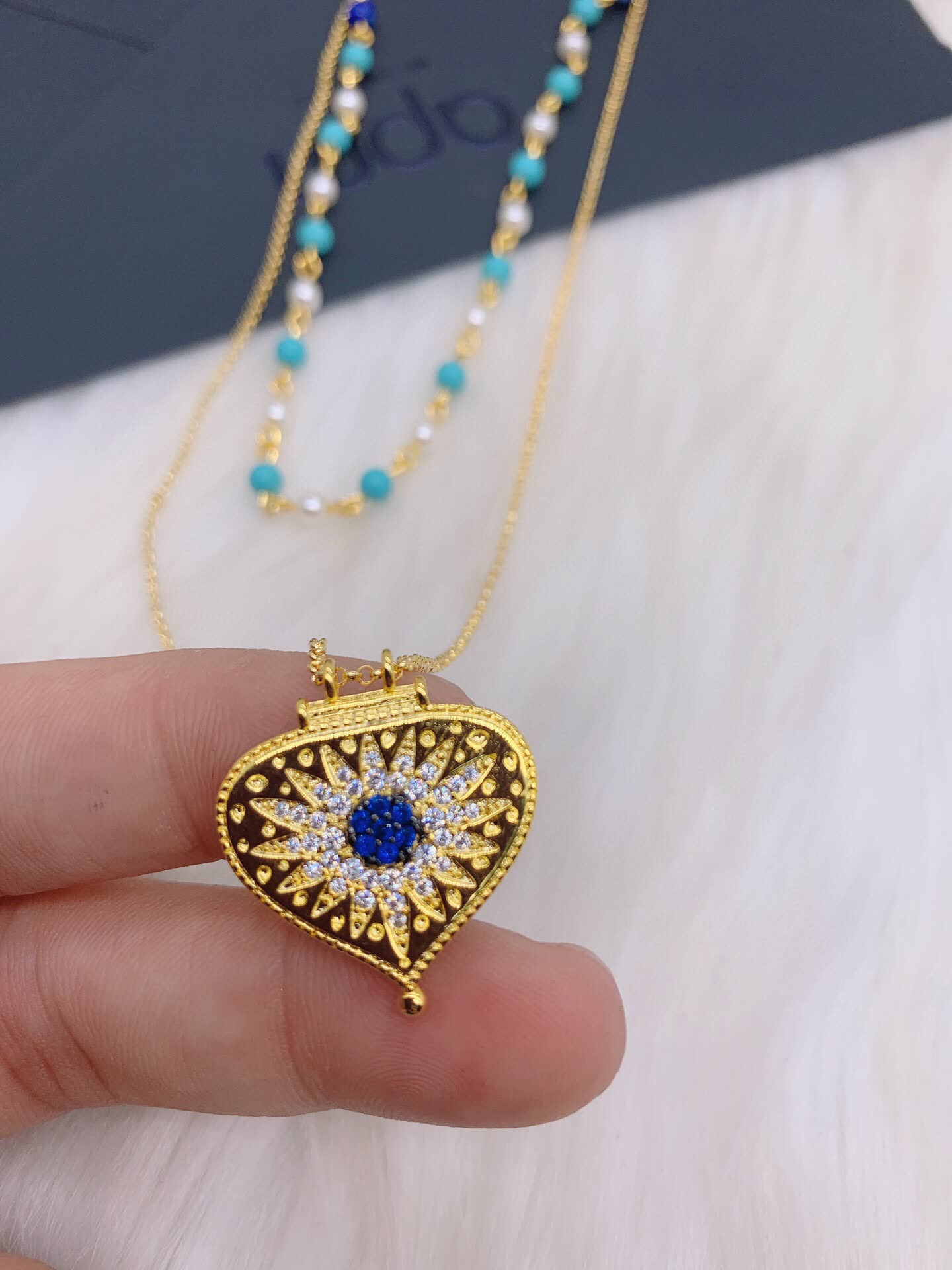 APM Monaco Elegant Double Layered Gold Plated Necklace with Turquoise and Pearl Beads
